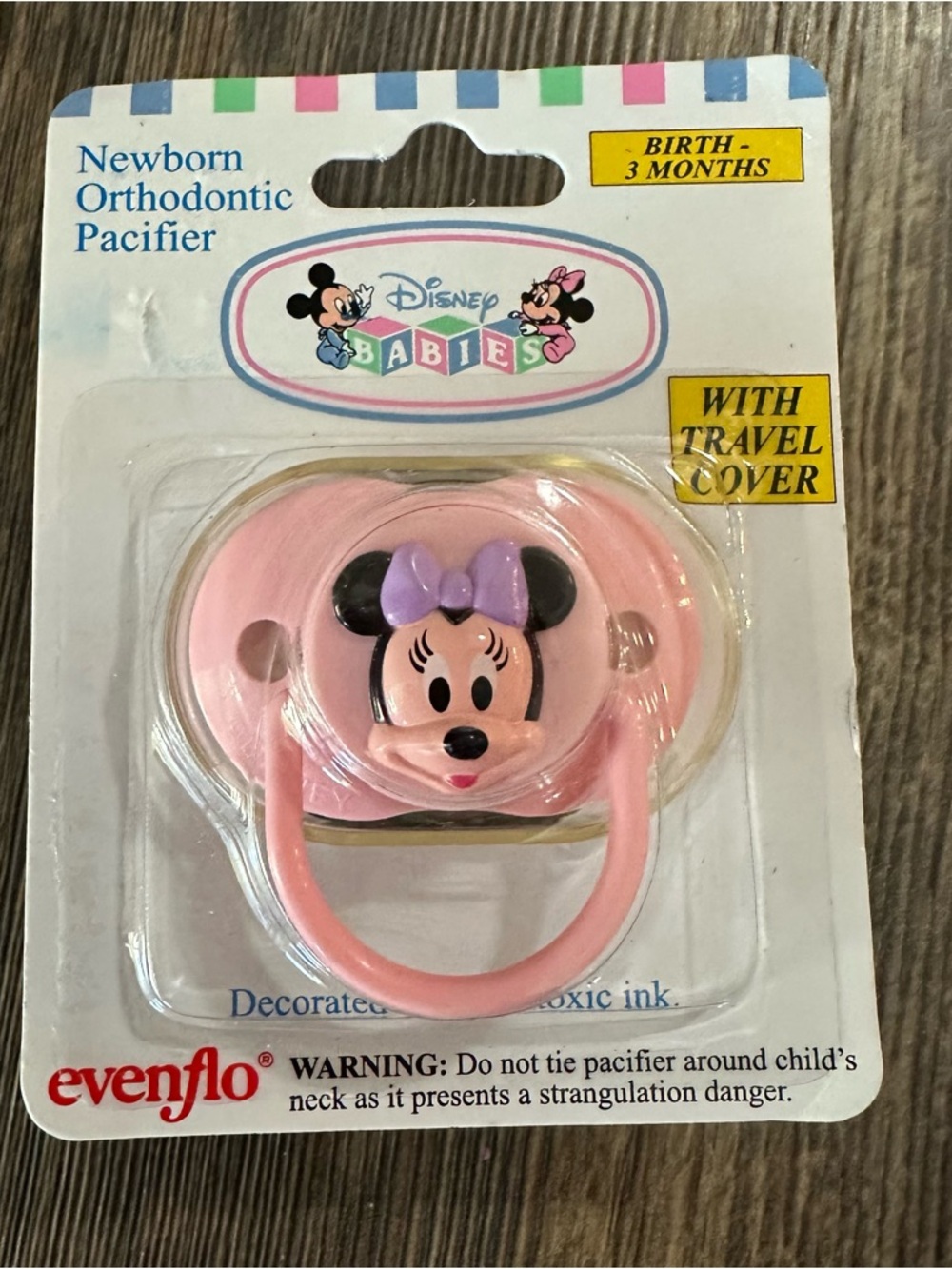 VTG Evenflo newborn orthodontic pacifier pink Minnie Mouse with travel cover NEW